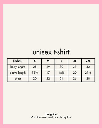 Unisex t-shirt size chart with measurements on a pink border