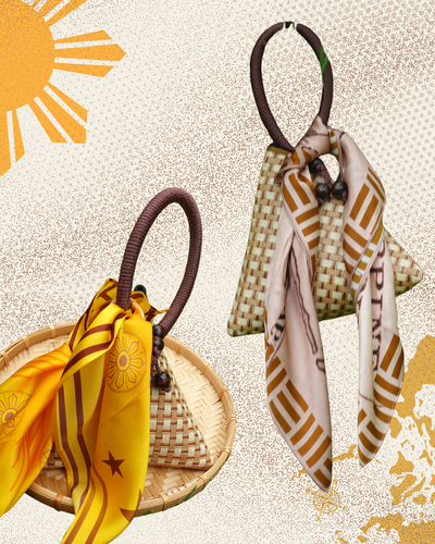 Showcase of Tali scarf two deisgns brown and golden tied to a bag