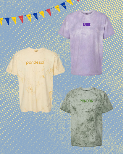 Three tie-dye t-shirts with different text. Pandesal, ube, pandan.