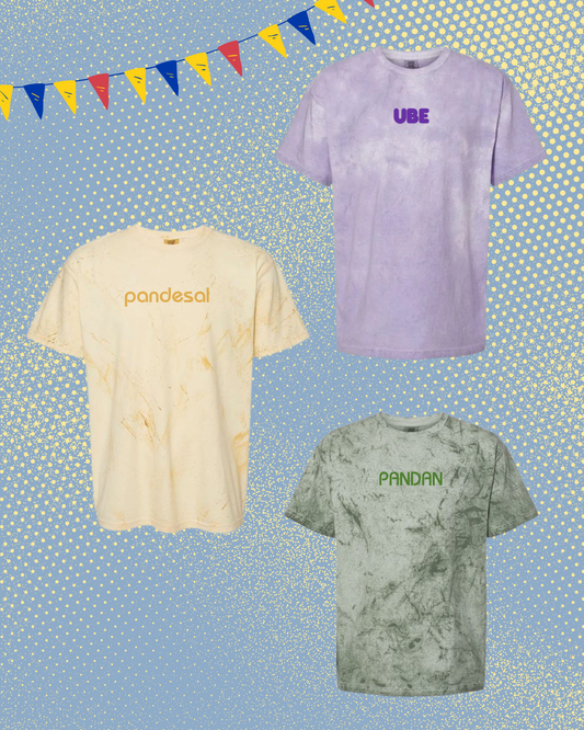 Three tie-dye t-shirts with different text. Pandesal, ube, pandan.