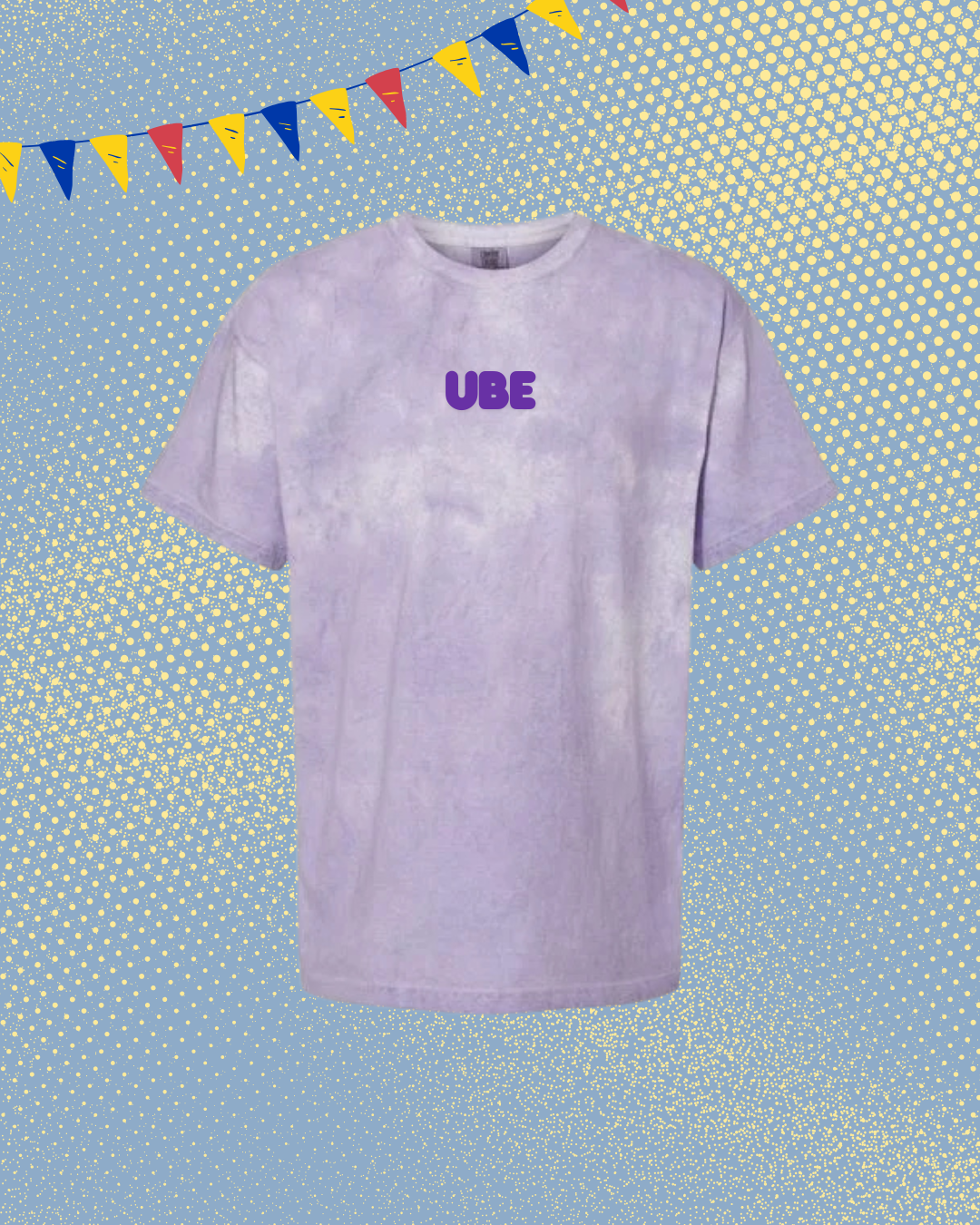 Purple tie-dye t-shirt with 'UBE' text on a blue background with colorful flags.