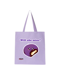 Purple tote bag with a graphic of a purple creature and text 'Will ube mine?' on a white background